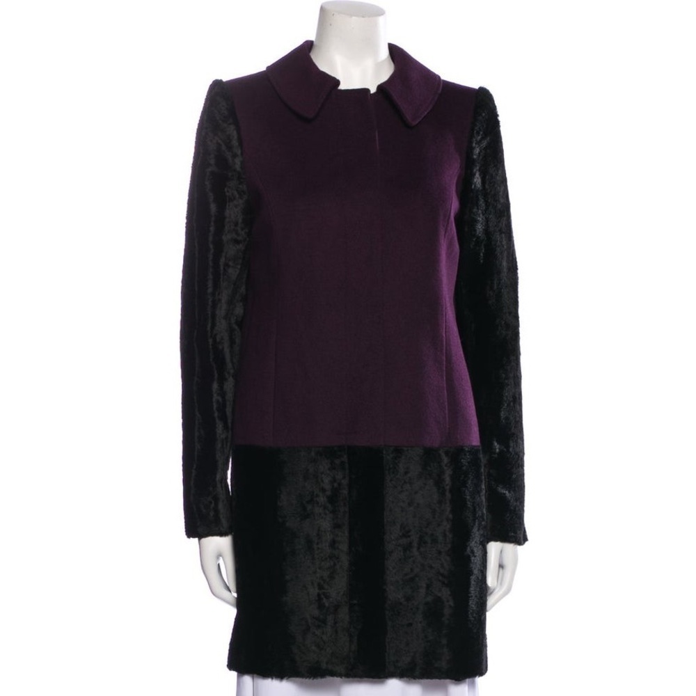 TIBI New York Colorblock Purple Black Wool Hidden Placket Faux Fur Coat EUC Sz 8